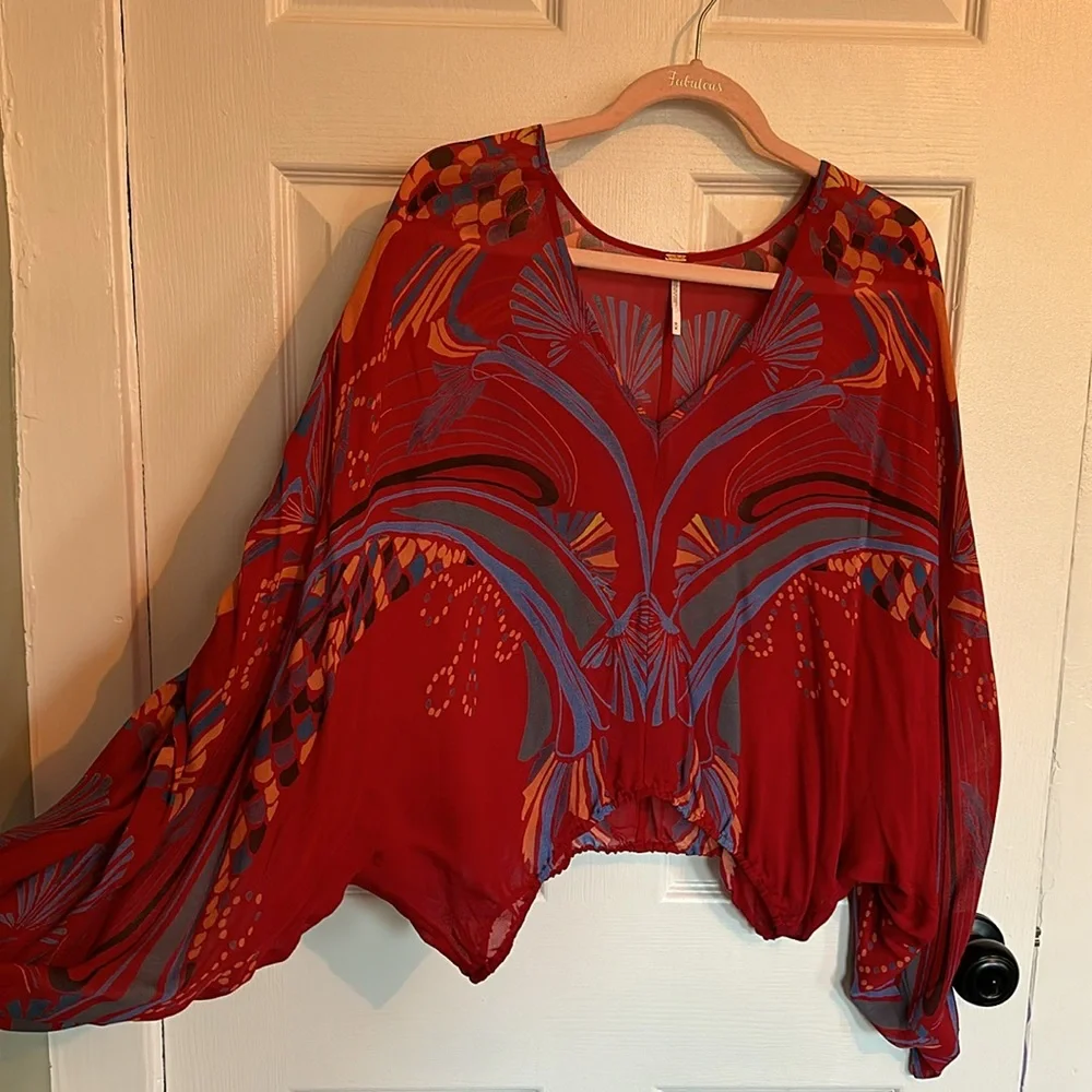 Free People sheer, vibrant v-neck blouse. - Picture 2 of 4